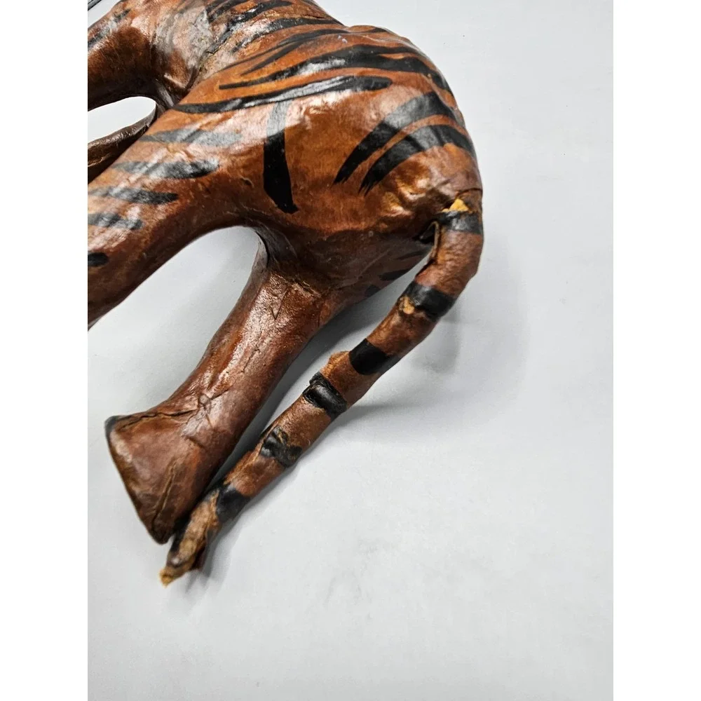 Vintage Leather Wrapped Paper‎ Mache Bengal Tiger Figurine Yellow Glass Eyes 11